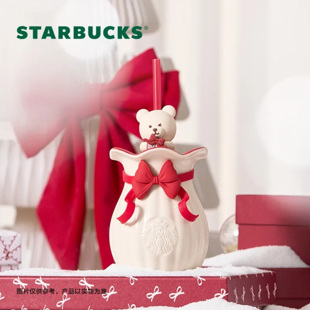 Starbucks Heartbeat 420ml Bow Bear Ceramic Straw Mug 