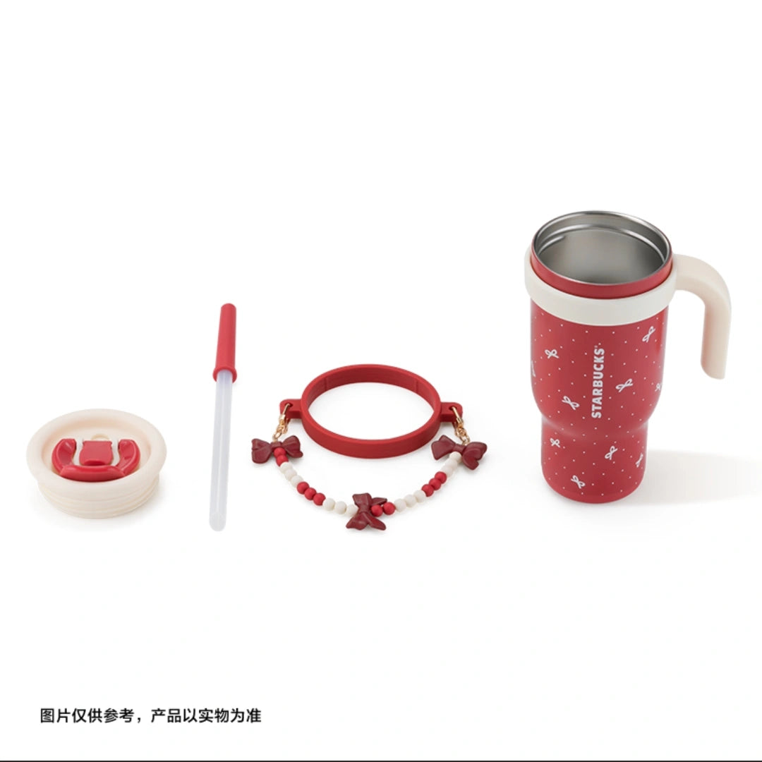 Starbucks Red Stainless steel straw cup with cute ornament display